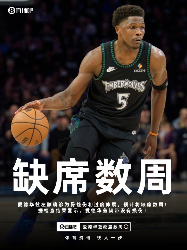 MK体育app下载-Shams：爱德华兹左膝骨挫伤&amp;过度伸展将缺席数周！但韧带无损伤！